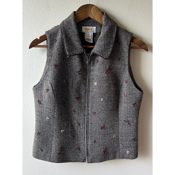 Talbots Jackets & Blazers - Talbots Vest Petite Small Zip Up Wool Blend Herringbone Leaves Acorn Preppy
